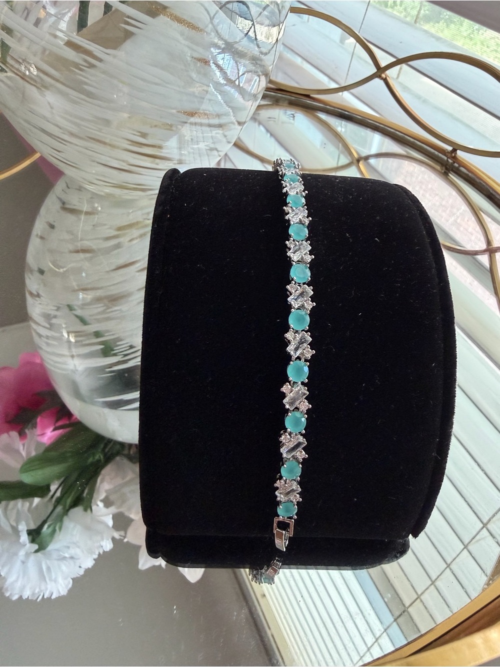 Silver-Tone Bracelet with Turquoise and Clear Stones - Women Jewelry - Picture 3 of 6